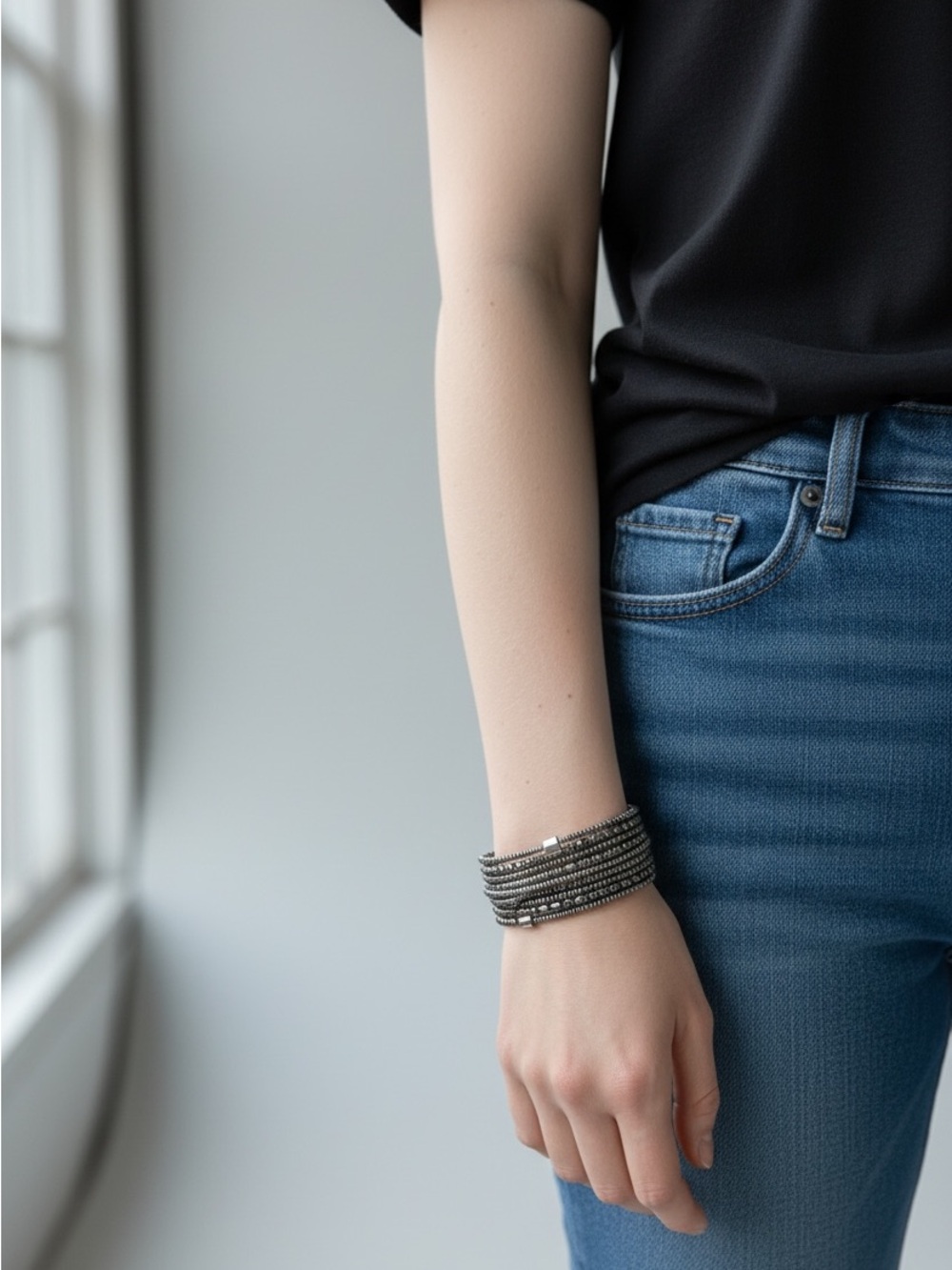 9/12 Multi-Row Beaded Wrap Bracelet in Gunmetal